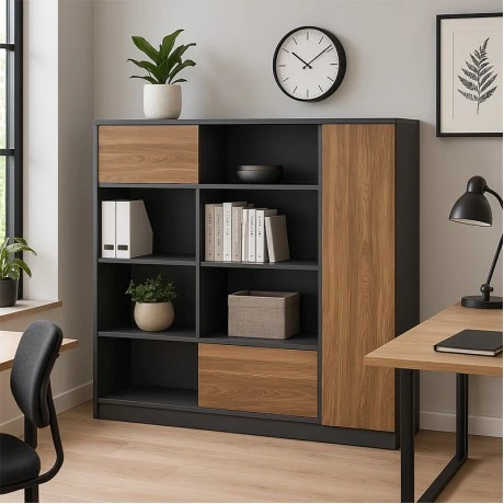 Professional oscar pakoworld professional office display bookcase melamine in walnut-charcoal shade 180x40x180cm