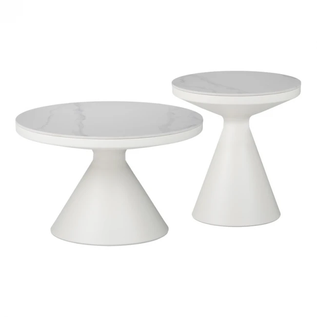 Βοηθητικά τραπέζια Coozlin Inart sintered stone σε απόχρωση λευκό μαρμάρου με λευκό μέταλλο