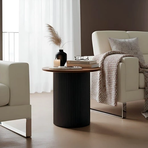 Βοηθητικό τραπέζι Dovel pakoworld mdf σε καρυδί-μαύρο μέταλλο Φ50x50εκ