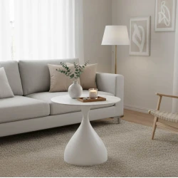 Βοηθητικό τραπέζι Kirkene Inart sintered stone σε απόχρωση λευκό μαρμάρου με λευκό μέταλλο Φ50x50εκ