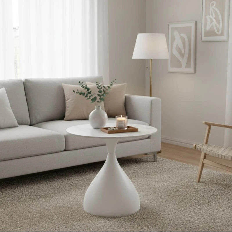 Side table Kirkene Inart white marble color sintered stone and white metal D50x50cm