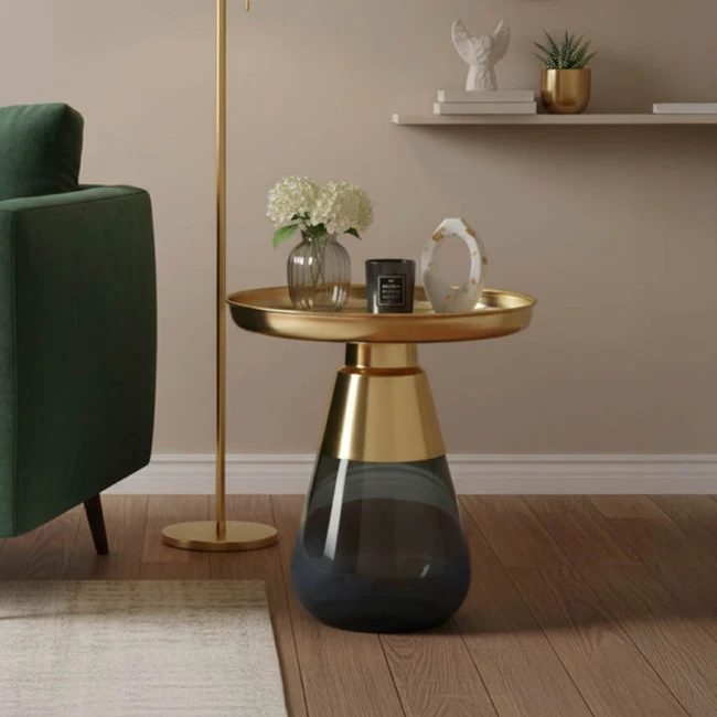 Βοηθητικό τραπέζι Kunlo Inart χρυσό χρώμιο-μαύρο γυαλί Φ50x53.5εκ