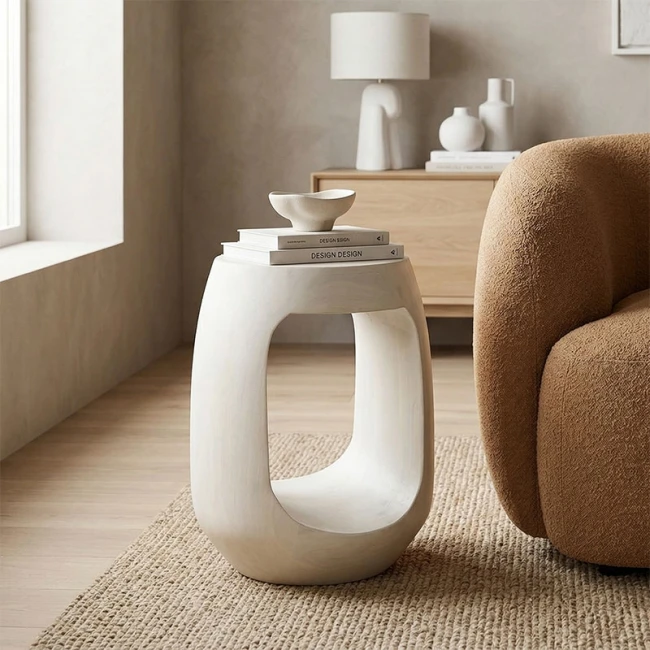 Βοηθητικό τραπέζι Lenora pakoworld μασίφ μάνγκο ξύλο λευκό Φ33x45εκ