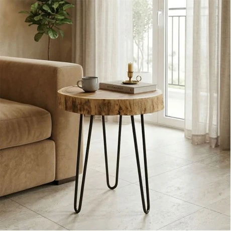 Tripp I side table pakoworld solid acacia wood in natural shade-black metal legs D41χ45cm
