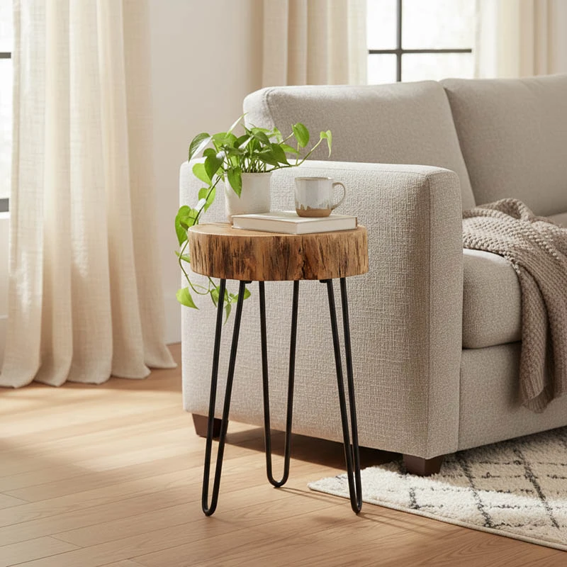 Tripp pakoworld side table, solid acacia wood in a natural shade with black metal legs 32x30x47cm