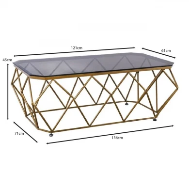 Acton coffee table with metallic frame in golden color - glass surface in black color 123x63x44cm.