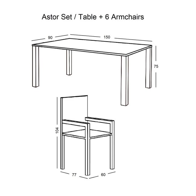 ASTOR Set (6 Chairs/Cushion Beige+Table 150x90) Steel Anthracite