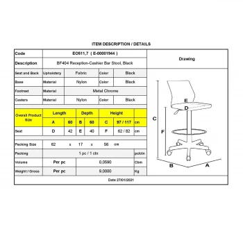 Reception - cashier stool with footrest and fabric in black color 60x60x98/119cm.