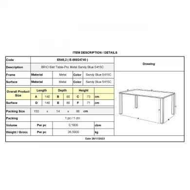 BRIO Flat Table-Pro 140x80cm Metal Sandy Blue 5415C