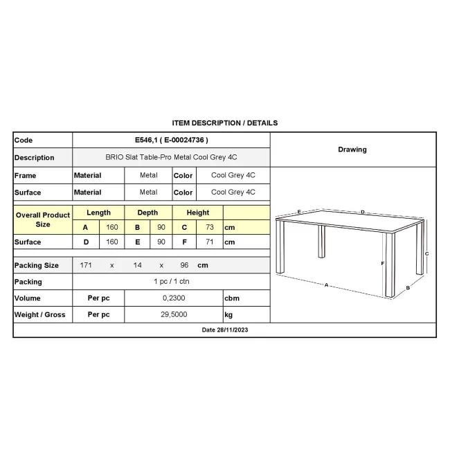 BRIO Slat Table-Pro 160x90cm Metal Cool Grey 4C