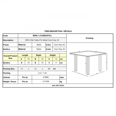BRIO Slat Table-Pro 70x70cm Metal Cool Grey 4C