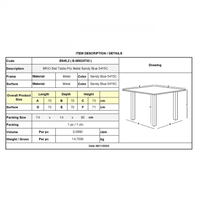 BRIO Slat Table-Pro 70x70cm Metal Sandy Blue 5415C