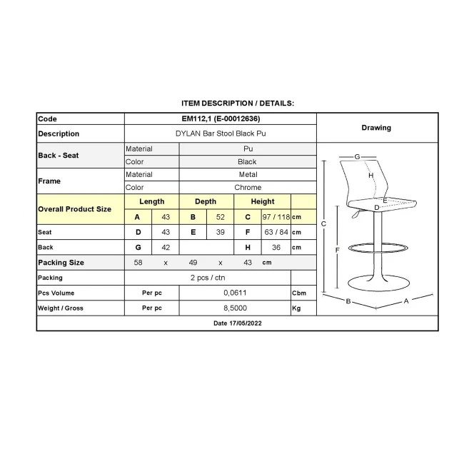DYLAN Bar Stool Black Pu