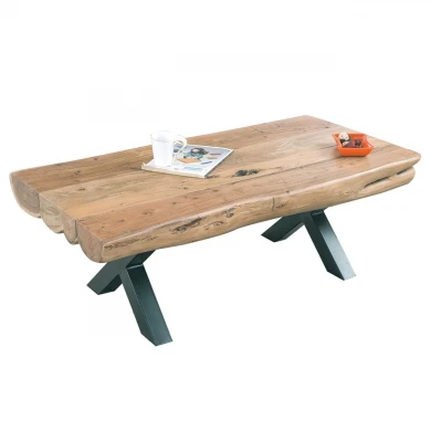 Village coffee table with metallic legs in black - acacia surface in natural 118x60x40cm.