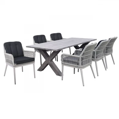 ALLEY Set Τραπεζαρία Κήπου ALU & Rope Grey-Μαξιλ.Ανθρακί: Τραπέζι 180x94 + 6 Πολυθρόνες Τραπ:180x94x72 Πολ:62x64x85cm
