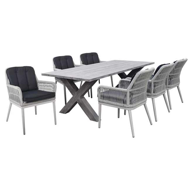 ALLEY Set Τραπεζαρία Κήπου ALU & Rope Grey-Μαξιλ.Ανθρακί: Τραπέζι 180x94 + 6 Πολυθρόνες Τραπ:180x94x72 Πολ:62x64x85cm