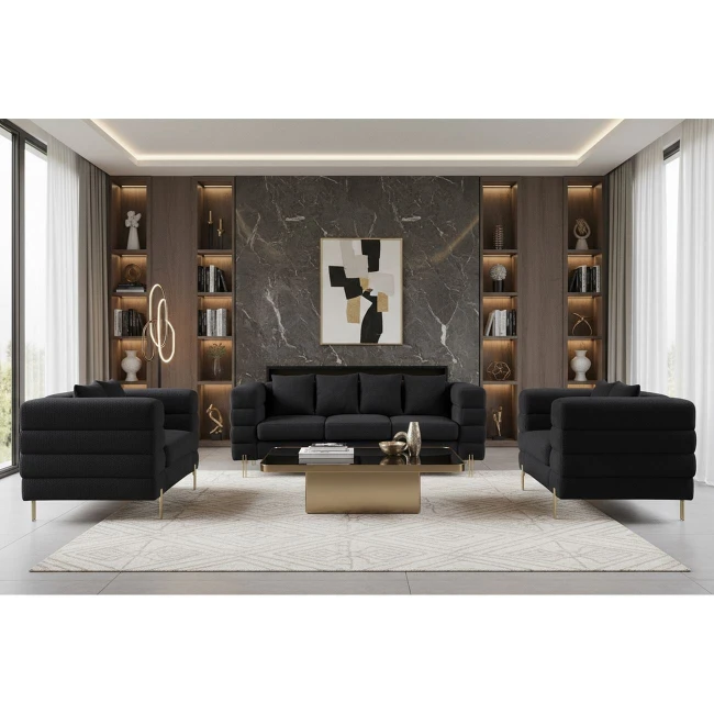 MORRIS Set Σαλόνι - Καθιστικό 3θέσιος + 2θέσιος + Πολυθρόνα Ύφασμα Teddy Μαύρο Set: 3Seater+2Seater+1Seater