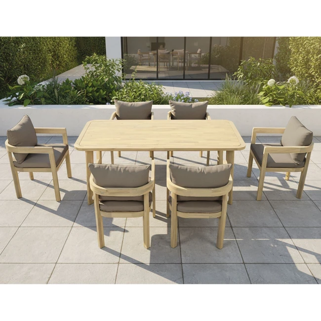 FLORIDA Dining Set Τραπεζαρία Κήπου Βεράντας (7τ), Acacia, Μαξιλάρια Cappuccino Table:180x90x75-Chair:59x59x68