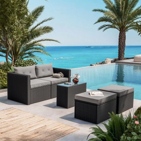 JAKARTA Set K/D Multifunctional (5pcs) Metal, Wicker Black, Cushions Grey