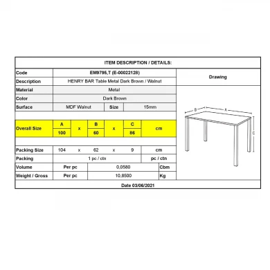 HENRY Τραπέζι BAR 100x60cm Μεταλ.Σκ.Καφέ/Καρυδί