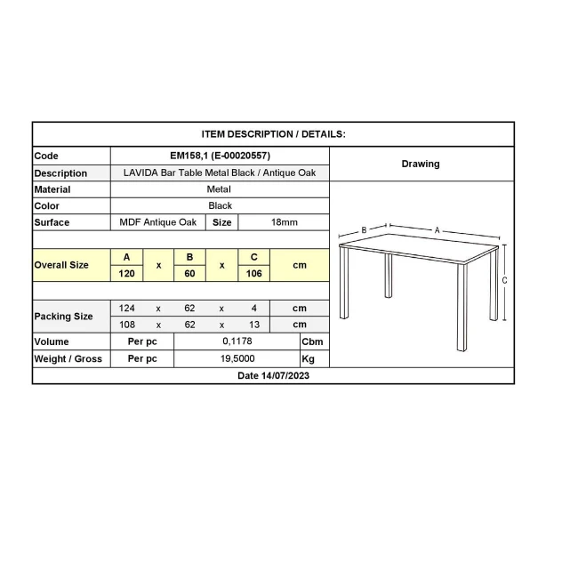 LAVIDA Bar Table 120x60 Metal Black, Antique Oak