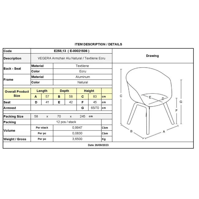 VEGERA Armchair Alu Natural/Textilene Ecru
