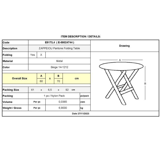 ZAPPEIOU Pantone Folding Table D.60cm Metal Beige 14-1212