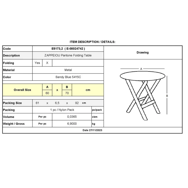 ZAPPEIOU Pantone Folding Table D.60cm Metal Sandy Blue 5415C